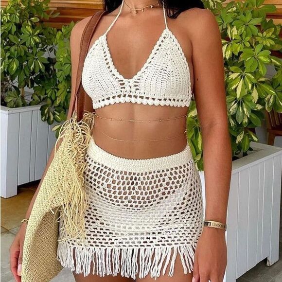 White fox private island Crochet Halter Top and Skirt Set - Picture 2 of 7